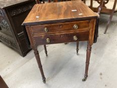 Early 19th cent. Mahogany work table with ebonised stringing on ring turned supports on brass