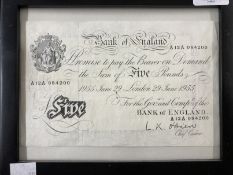 Numismatics: Bank of England white £5 note, cashier L.K. O'Brien, serial A12A084200 June 1955.