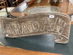 19th/20th cent. Hardwood sign bearing the word 'AMADAN' which translates as BELIEVE. 26½ins.