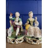 18th cent. Ceramics: Derby figures of a man reading and a girl tatting, a pair.