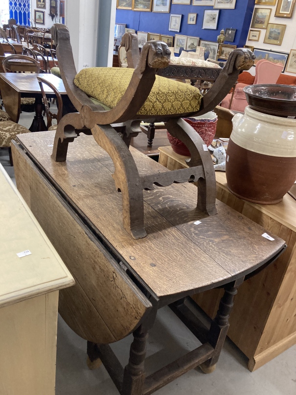 18th cent. Oak gate leg table A/F. Plus 19th cent. cross frame stool with dog decoration A/F. (2)