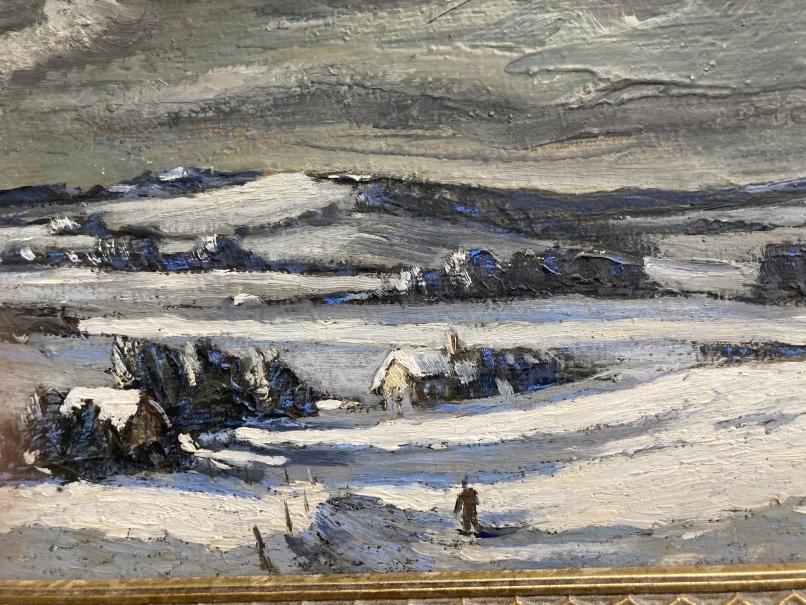 •George Bissill (1896-1973): 20th cent. Oil on board, winter landscape with figure in foreground, - Image 2 of 3