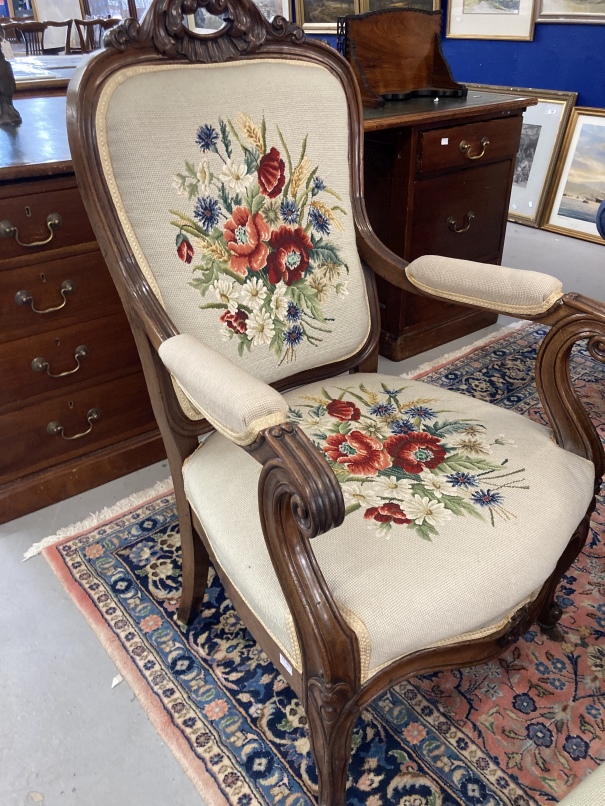 19th cent. Heavily carved tapestry covered open arm chair together with a similarly covered - Image 3 of 4