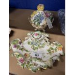 19th cent. Staffordshire Coalport inkwell in the form of a shell, floral bocage, another circular