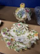 19th cent. Staffordshire Coalport inkwell in the form of a shell, floral bocage, another circular