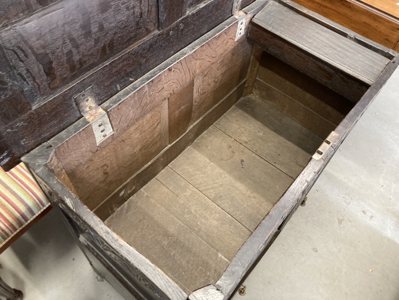 18th cent. Mule chest of modest proportions with later alterations. 20ins. x 39ins. x 30ins. - Image 3 of 3