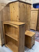 20th cent. Pine single wardrobe, bedside chest and bookcase. (3)