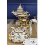 19th cent. Derby urn shaped two pen white ground with pink rose and gilt decoration, blue ground and