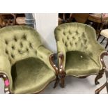 19th cent. Green upholstered button back saloon chair with carved scrolled arms, on brass castors. A