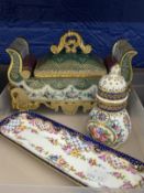 19th cent. French Porcelain: Double inkwell in the form of an Empire style settee, green and white