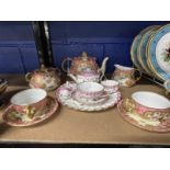 Royal Crown Derby tea for two pink ground, floral decorated panels with gilt borders. Spode Copeland