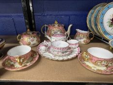 Royal Crown Derby tea for two pink ground, floral decorated panels with gilt borders. Spode Copeland