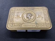 Militaria: WWI Princess Mary Christmas Tin complete with cigarettes, tobacco, photograph and card.