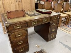 20th cent. Mahogany twin pedestal desk, campaign style handles and fittings, each pedestal with