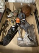 20th cent. Tourist Art: Asian carved fisherman, dragon dogs a pair, birds, two metal tribal figures,