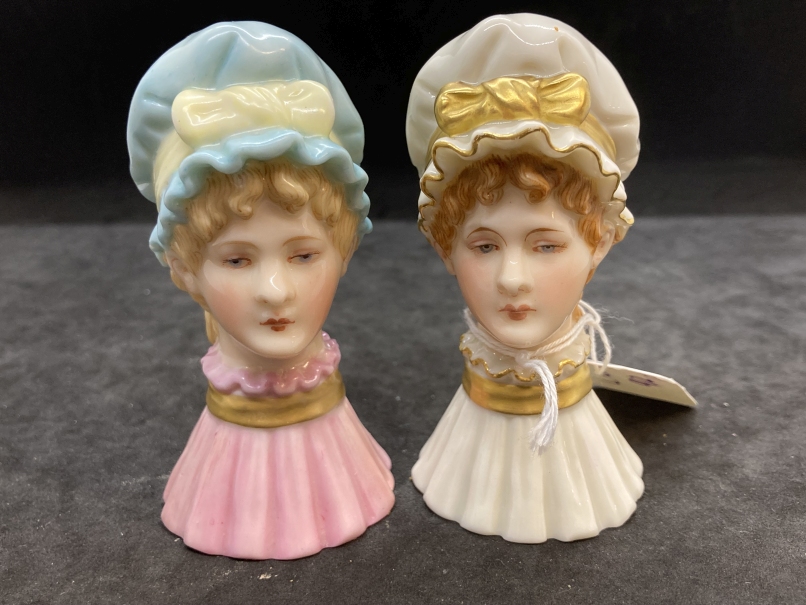 Candle Extinguisher: Worcester The Mob Cap late 19th cent. Blue cap and pink gown, plus another