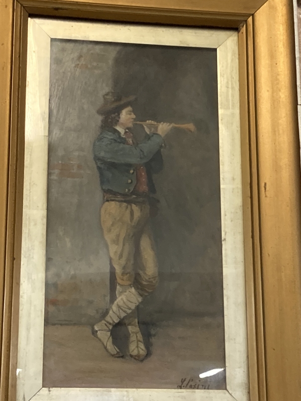 19th cent. Italian School: Watercolour, figure playing wind instrument, signed lower right L.