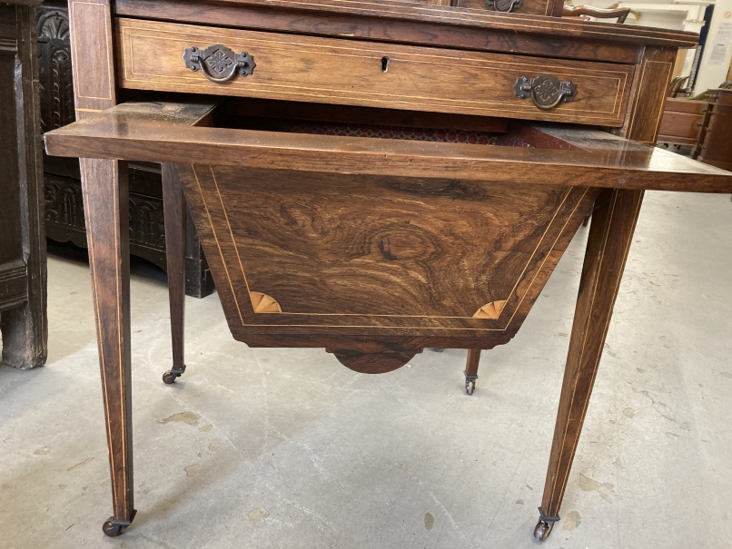 Late 19th cent. Rosewood bonheur du jour with marquetry string inlay decoration, the top section - Image 6 of 6