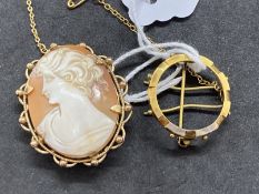 Hallmarked Jewellery: 9ct gold oval shell cameo of lady's head and a brooch sovereign mount. Cameo