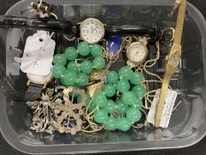 Costume Jewellery: Includes green glass bead necklet, brooches, earrings, four ladies watches and