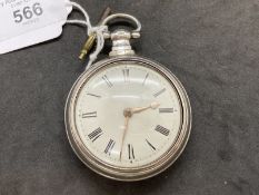Hallmarked Silver: Georgian pair cased open faced pocket watch having white dial with black Roman