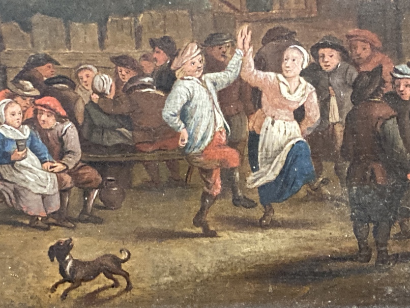 18th cent. Flemish School: Oil on panel, rural folk dancing and drinking in a village. 10ins. x - Image 2 of 2