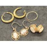 Hallmarked Jewellery: Three pairs of 9ct gold earrings, two pairs set with cameos and a pair of