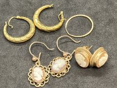 Hallmarked Jewellery: Three pairs of 9ct gold earrings, two pairs set with cameos and a pair of