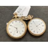 Two open faced gold plated pocket watches, one Ingersoll with a white dial, black Roman numerals and
