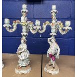 19th cent. German figural three branch candlesticks male and female flower sellers decorated in