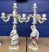 19th cent. German figural three branch candlesticks male and female flower sellers decorated in