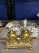 19th cent. Derby miniature desk inkwell white ground, heavily gilt, two pen stands open work