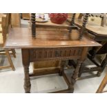 20th cent. Oak linen fold side table with drawer and turned supports. Plus 19th cent. Stool with