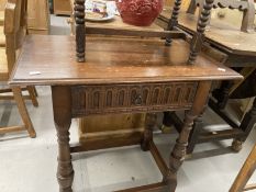 20th cent. Oak linen fold side table with drawer and turned supports. Plus 19th cent. Stool with