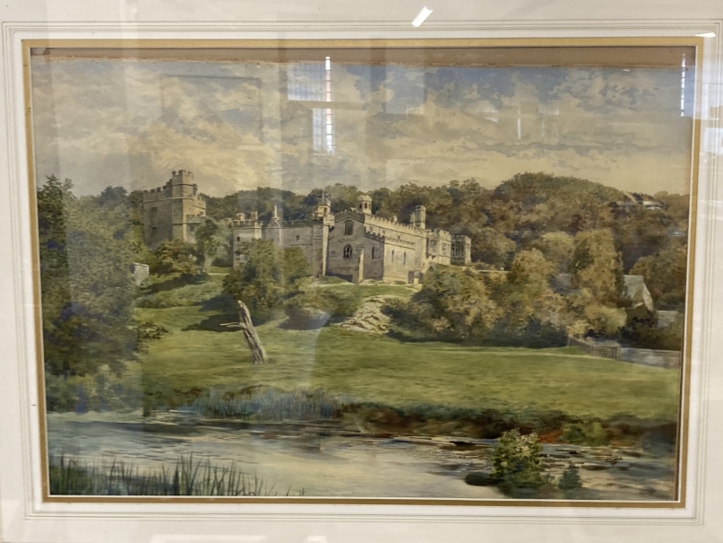 20th cent. English School: Watercolour of castle on a river plus a Victorian oil on canvas. 20ins. x