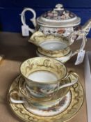 Early 19th cent. Derby Imari pattern teapot, Staffordshire trio and milk jug, yellow and gilt ground