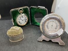 Hallmarked Silver: Desk clock and desk barometer, plus a heart shaped trinket box.