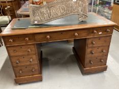 19th cent. Mahogany knee hole desk, two four drawer pedestals with one central drawer, green