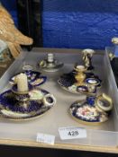 19th cent. Staffordshire miniature candlesticks, Coalport cobalt blue, gilt and floral decoration,