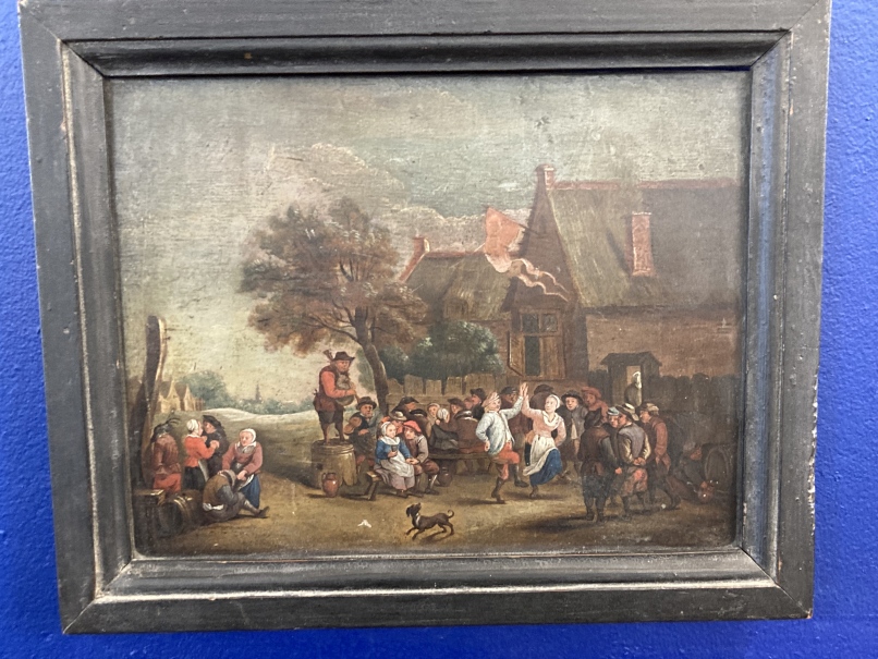 18th cent. Flemish School: Oil on panel, rural folk dancing and drinking in a village. 10ins. x