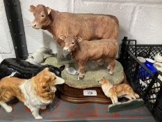 20th cent. Ceramics: Border Fine Arts cattle cow and calf A/F, collie dog. Plus Beswick horse A/F,