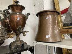 20th cent. Metalware: Copper and brass samovar with ceramic handles, the lid marked Warranted London