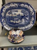 19th cent. English Ceramics: Masons Imari bowl, stand and cover, Spode blue and white meat serving