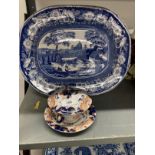 19th cent. English Ceramics: Masons Imari bowl, stand and cover, Spode blue and white meat serving