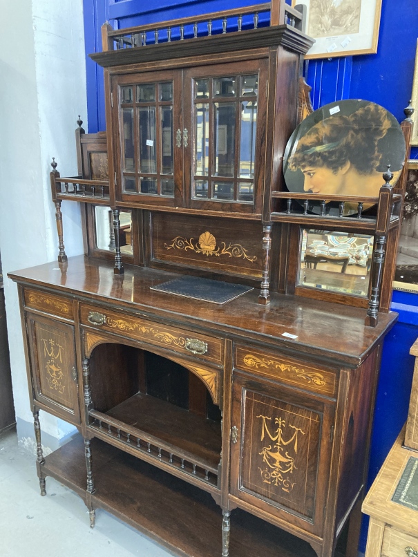 19th cent. Rosewood display cabinet with inlay, two glazed doors over one long drawer and two - Image 2 of 3
