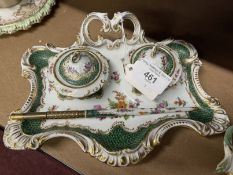 19th cent. Dresden inkstand c1890 white ground, green and gilt scale decoration with minute