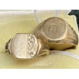 Hallmarked Jewellery: 9ct gold signet rings one with square head, ring size Q, weight 5g. The