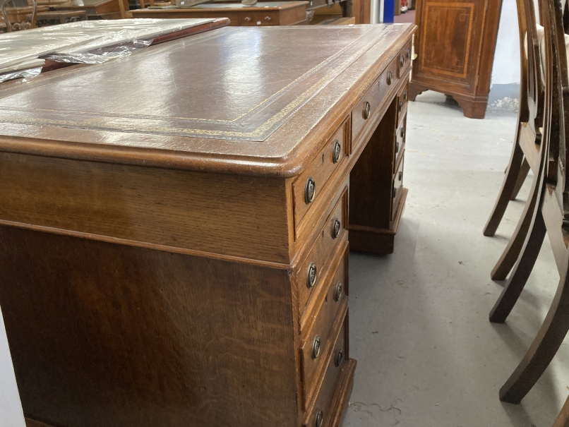 19th cent. Mahogany pedestal desk with nine drawers, red leather skiver. 54ins. x 29ins. - Image 3 of 4