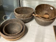 Africa/Tribal Art: Six hand carved wooden bowls, five large, one small, dating from early 19th