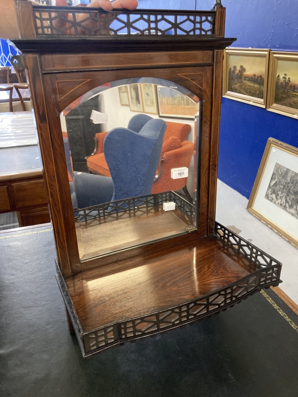 19th cent. Rosewood hanging shelf mirror fretwork shelf and gallery inlaid decoration with urn